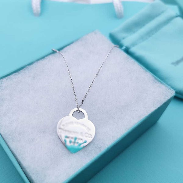 

tiffay classic blue enamel heart tag pendant 925 sterling silver necklace women's dropped adhesive shaped collar chain jewelry, Black