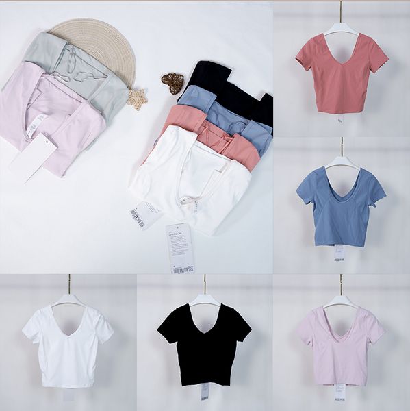 

ll summer women's yoga sports short sleeve tight crop t-shirt v neck u back beauty back fitness short t shirt gym clothes, White