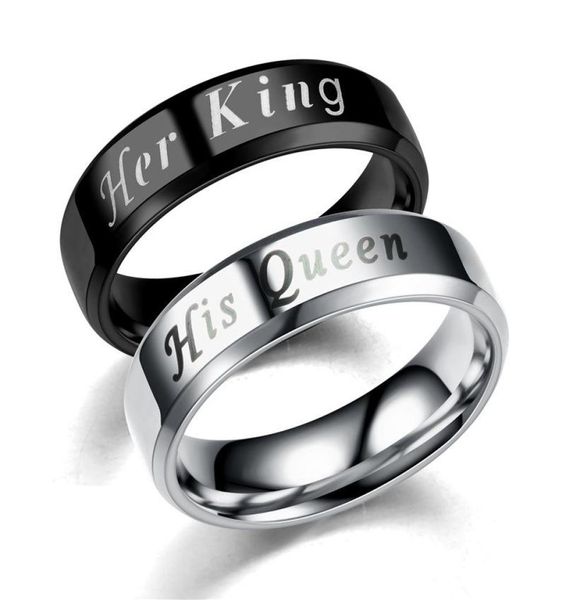 

her kinghis queen couple rings 6mm blacksilver color stainless steel smooth wedding engagement for women men jewelry9669959, Slivery;golden