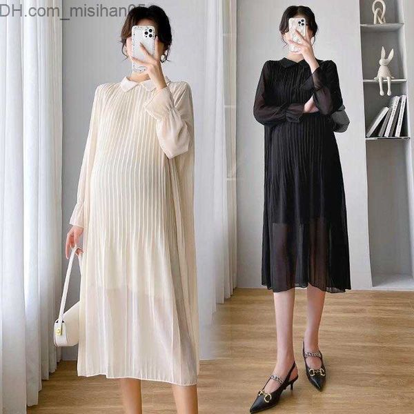

maternity dresses dresses 5916 2022 autumn korean fashion pleated chiffon maternity long dress elegant loose straight clothes for pregnant z, White