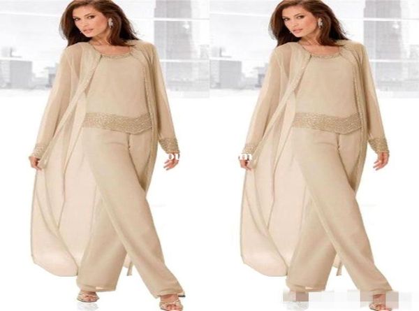 

2019 champagne three piece mother of the bride pant suits with long jackets long sleeves beaded chiffon mother plus size wedding g5219120, Black;red