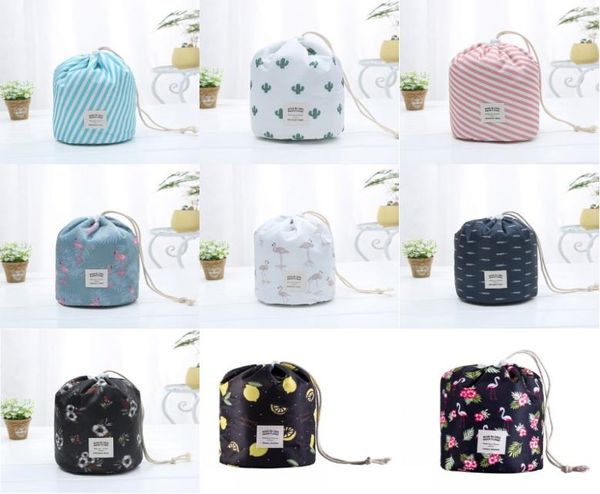 

barrel shaped women cosmetic bag stripes cactus flamingo lemon flower printed travel makeup bags organizer storage bags4781756