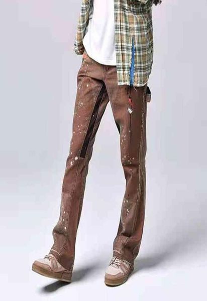 

graffiti ink painted wide leg flare pants mens streetwear straight casual jeans harajuku washed retro loose denim trousers6552326, Blue