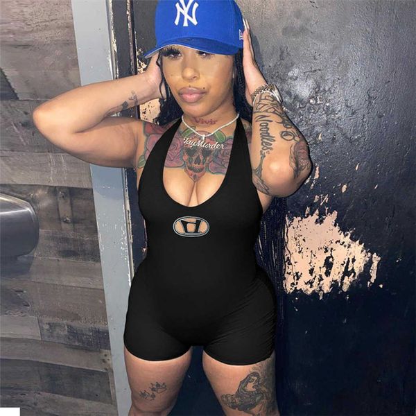 

2023 women's fashion clubwear jumpsuit new low chest open back hanging neck print high waist wrap hip jumpsuits rompers, Black;white