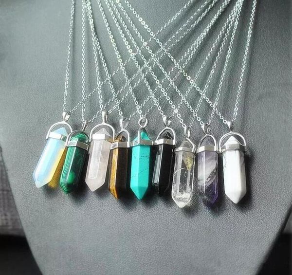 

punk stone jewelry druzy drusy necklace stainless steel chains hexagonal prism natural stone pendant necklaces3922086, Silver