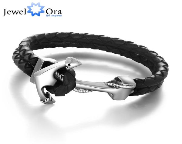 

genuine leather anchor stainless steel bracelets bangles male punk jewelry 215m length mens bracelet jewelora ba1012807609690, Golden;silver