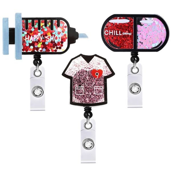 

10 pcs/lot key rings scrub life chill glitter acrylic medical series retractable shakers badge reel nurse id name card holder for healthcare, Slivery;golden