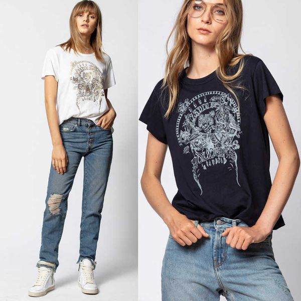 

fashion t shirts mens women designers zadig voltaire tee shirt women cotton gilded skull print short sleeve t-shirtt shirt designer tide ov, White