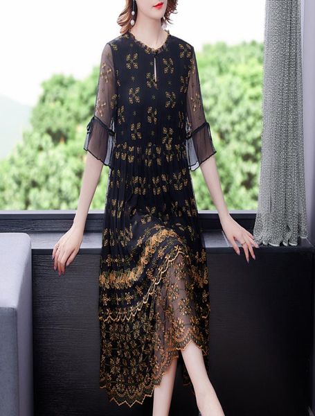 

embroidered silklike midlength dress in summer of 20210124926714, Black;gray