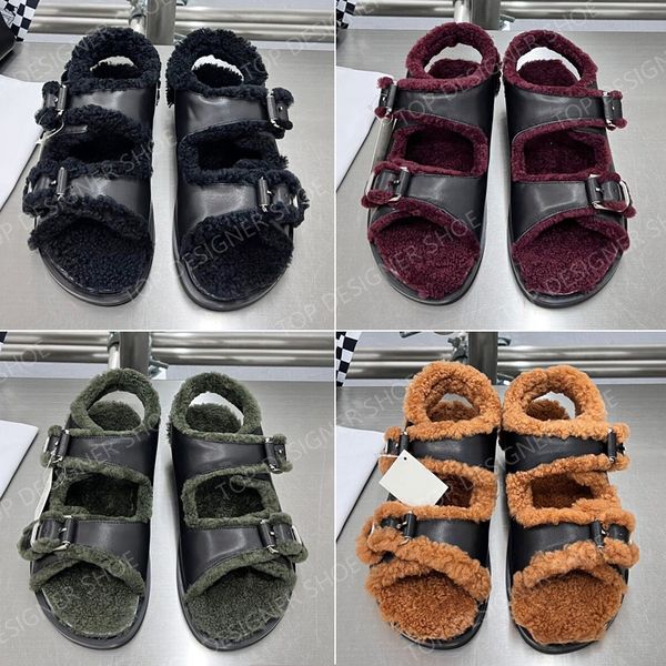 

designer arizona sandals women's fluffy shearling wool flat casual shoes winter fur slide sandals fashion outdoor buckle leather sneake, Black