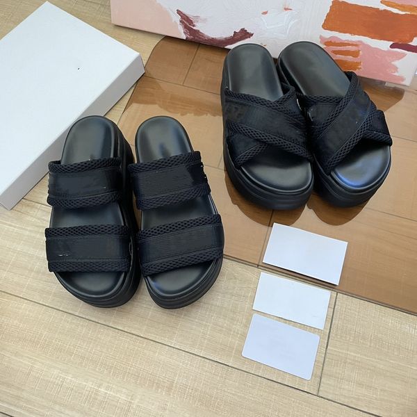 

8cm mesh jacquard fabric slippers triomphe women's designer wedges sandal thick soles cross straps slides gladiator block platform luxu, Black