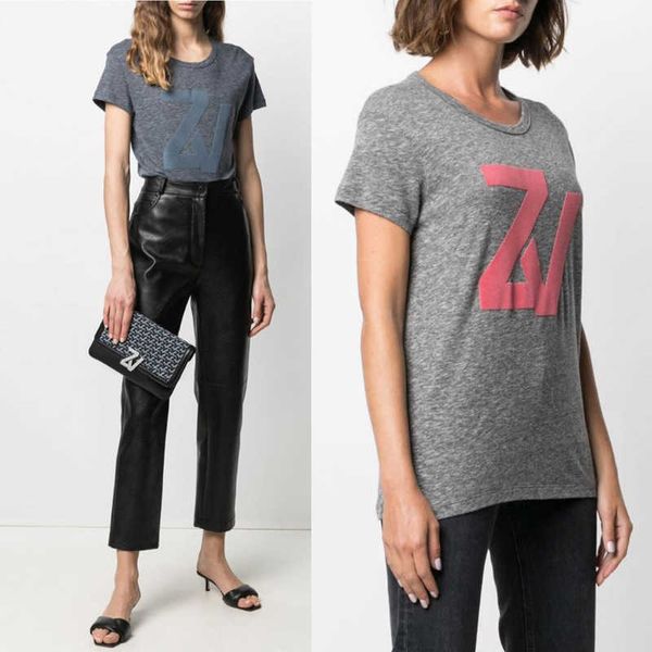 

zadig voltaire designer tide classic fashion tee shirt large letter printing flocking grey cotton short sleeve t-shirt for woment shirt ove, White
