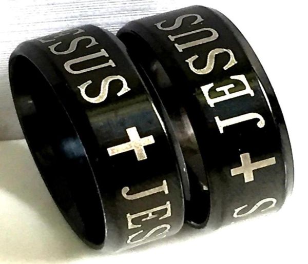 

whole 36pcs black 8mm jesus 316l stainless steel rings christian enamel fashion band jewelry finger ring64946535646234, Silver
