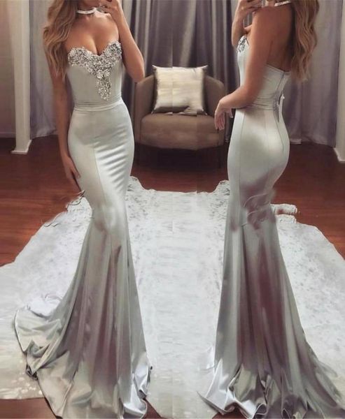 

silver sweetheart silver prom dresses long 2019 applique beads satin bridal party wear formal evening gowns mermaid5859433, Black