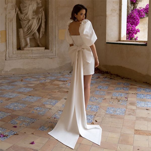 

short weddiing dress for women 2023 bride sweetheart detachable bow puff sleeve crepe sheath bridal gowns robe de mariee, White
