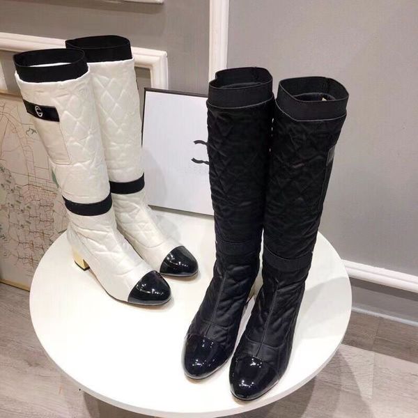 

designer luxury womens electric embroidered boots genuine leather color-matching stretch diamond check fashion knee-high boots ladys autumn, Black