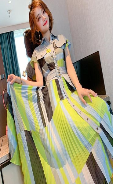 

dress summer designer woman clothes fashion turn down collar shirt patchwork print midi pleated dress2662703, Black;gray