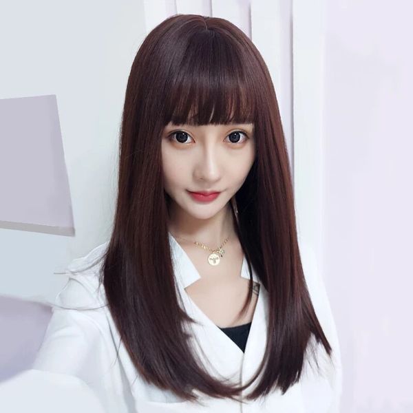 

korean fashion wig long straight hair micro-curl pear wig cover, Black