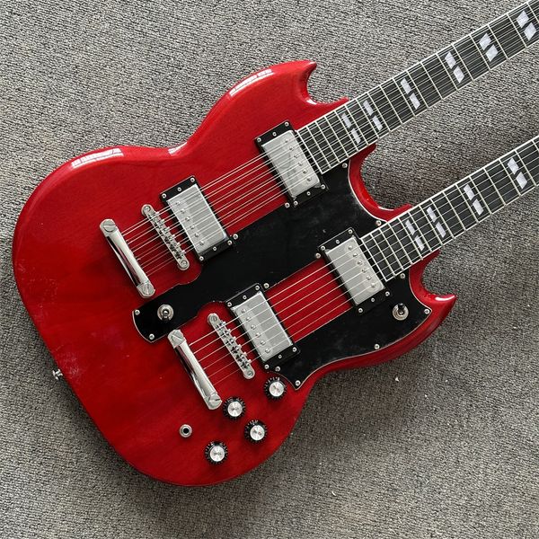 

red double neck sg guitar with fast ing
