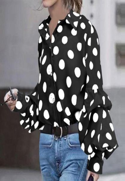 

women's blouses & shirts women leopard print blouse shirt vintage autumn polka dot button loose long lantern sleeve lapeelegant office, White