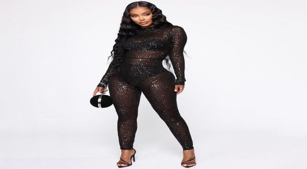 

women039s jumpsuits rompers black sequin sheer tight women one piece outfits fall 2021 long sleeve o neck party club3211377, Black;white