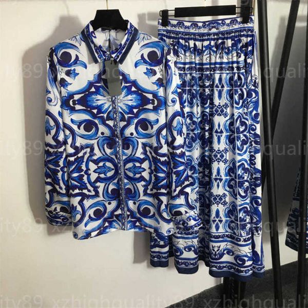 

designer skirt shirt two piece set women clothes trendy celadon print lapel high waist pleated long skirts stylish refined womens shirts 2 p, White