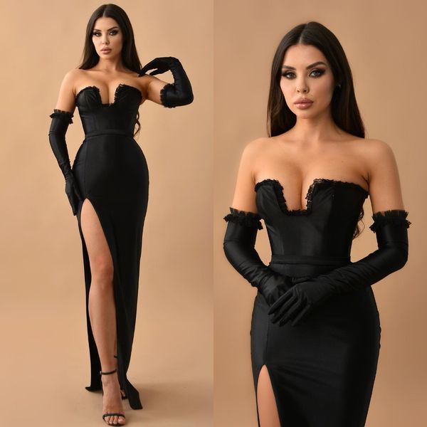 

elegant black evening dresses strapless split party prom dress sweep train long dress for red carpet special occasion, Black;red