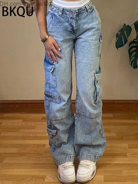

women's jeans bkqu y2k women's jeans vintage blue multi pocket straight pocket denim pants 2023 street costume high waist wide leg