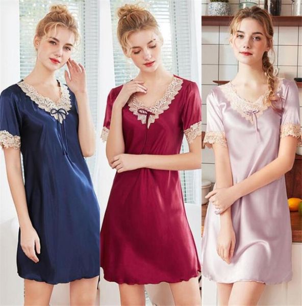 

new fashion simulation sleepwear silk ladies pajamas women summer shortsleeved nightdress female whole2602229, Black;red