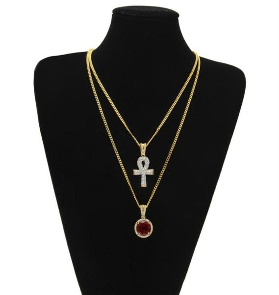 

hip hop egyptian ankh key of life necklaces sets for mens women round ruby iced out gold silver pendant cuban chains jewelry238r5615360