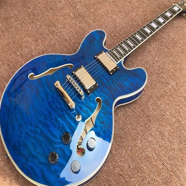 

blue jazz electric guitar double quilted maple gold hardware349m