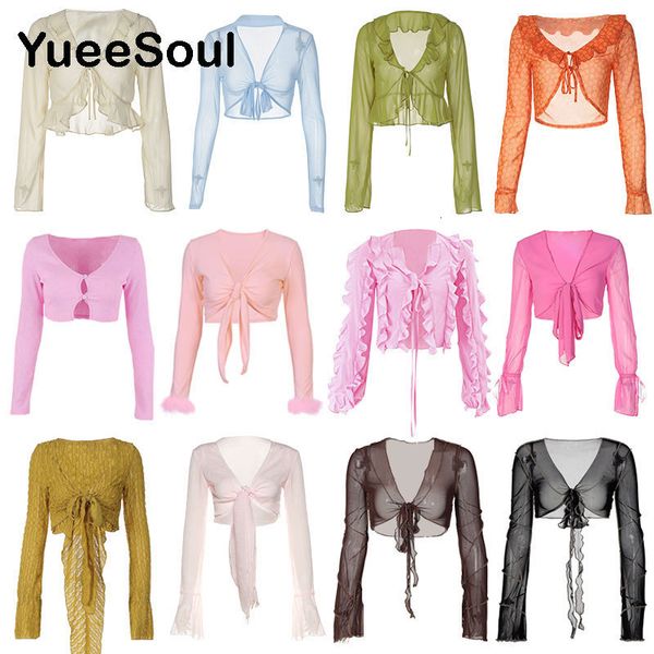 

women's t-shirt y2k vintage women t-shirts deep v neck see-through long sleeve crop high street casual slim women clothes 230728, White
