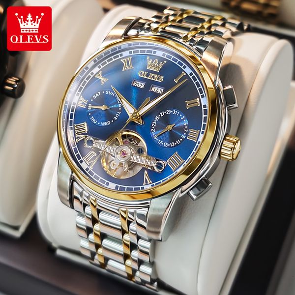 

wristwatches olevs mens watches automatic mechanical business wristwatch waterproof stainless steel strap watch for man skeleton calendar 23, Slivery;brown
