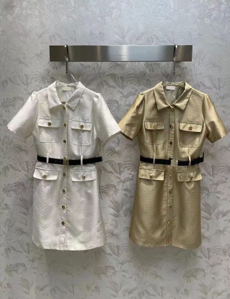 

2023 casual 4 pockets dresses fashion woman elegant turn down collar dress with belt lady short sleeve shirt dress for women, Black;gray