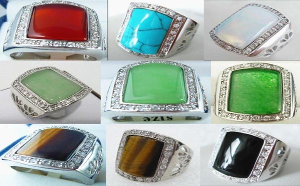 

whole 18 kgp red green white blue black jade opal turquoise tiger eye stone agate ring6268251, Golden;silver
