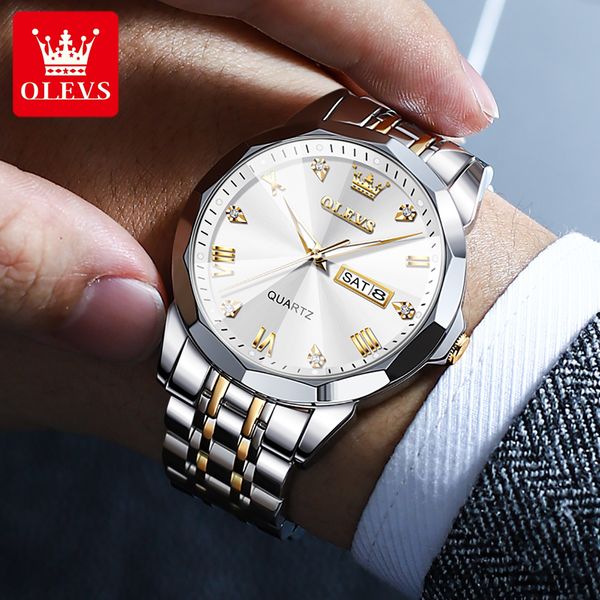 

wristwatches olevs rhombus mirror quartz watch for men stainless steel waterproof luminous date week mens watches brand luxury wristwatch 23, Slivery;brown