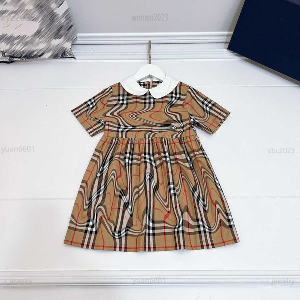 

designer baby clothes short sleeve lapel girl dress multi color checkered full print kids skirt multiple product, Red;yellow