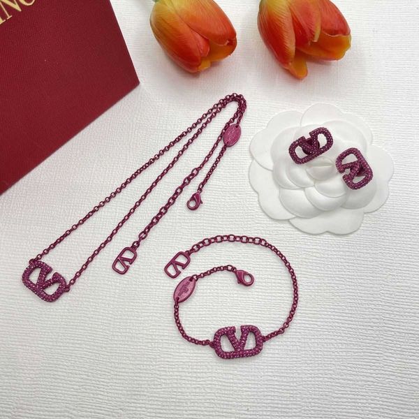 

23. the same luxurious and trendy pink rose red purple sparkling diamond high-end necklace bracelet earring set, Golden;silver