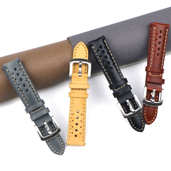 

watch bands handmade cowhide breathable watch band 18 19 20 22mm men women 4 colors oil wax genuine leather strap watchband accessories 2307, Black;brown