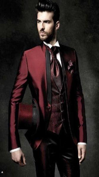 

one button shiny dark red groom tuxedos stand collar groomsmen man suits mens wedding suitsjacketpantsvestti2557367, Black;gray