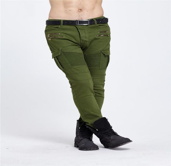 

mens ripped biker jeans homme brand multi pockets cargo pant army green mens pleated pencil slim hip hop denim jeans9861608, Blue