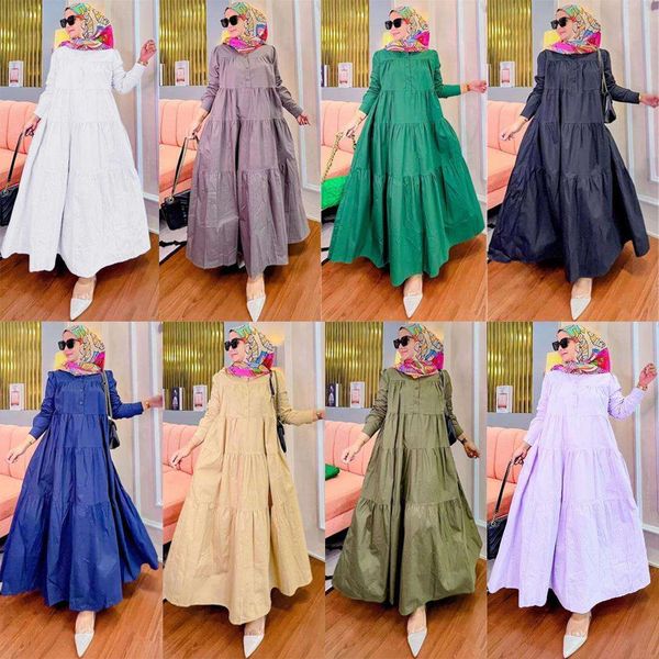 

color casual long sleeved cotton dress arabian womens robe, Black;gray