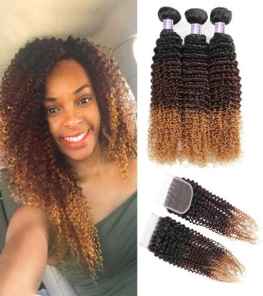 

ombre human hair bundles with closure brazilian hair kinky curly 1b430 human weave bundles 3bundles 3tone non remy hair extensio622805872, Black