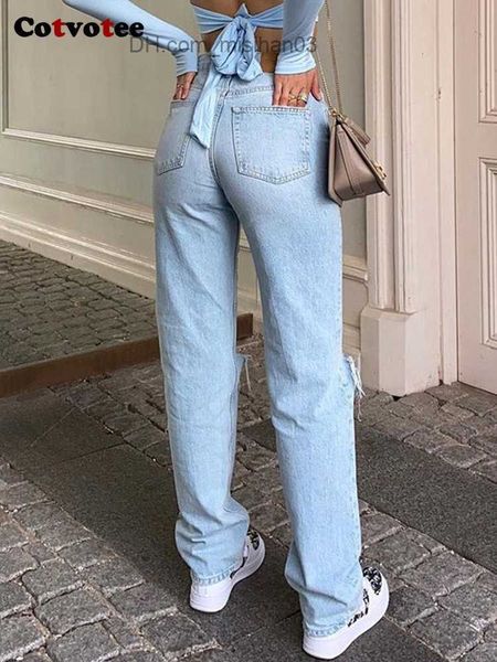 

women's jeans cotvotee tear women's jeans 2022 fashion hole high waist jeans vintage street loose y2k pants full length women&#039, Blue