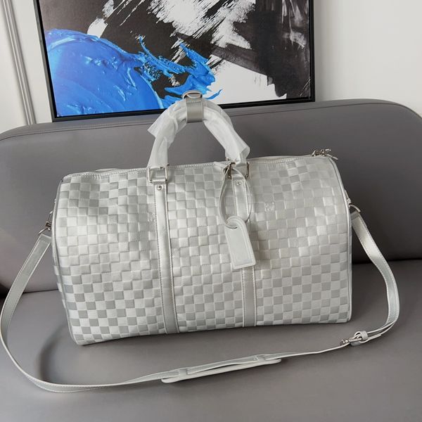 

luxury designer bags mens duffel bags cowhide embossed plaid sliver gray travel bag totes luggage bag men fitness yoga bags women shoulder b