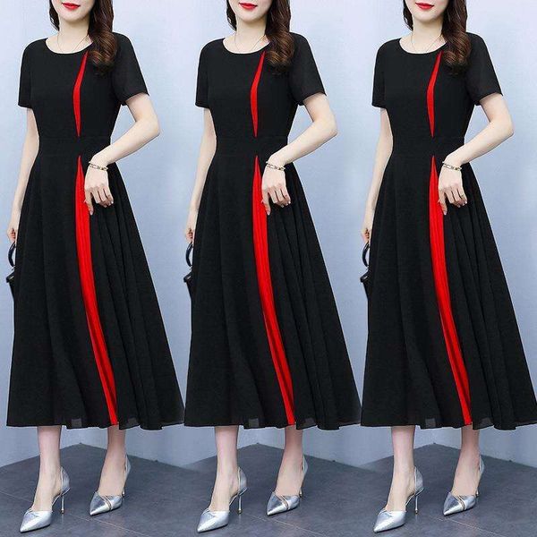 

black and red stitching dress for women summer niche unique waist chiffon artistic, Black;gray