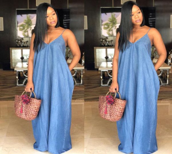 

solid color boho casual denim jeans dress boho sleeveless backelss summer long denim maxi dress women jeans dresses plus size7872210, Black;gray