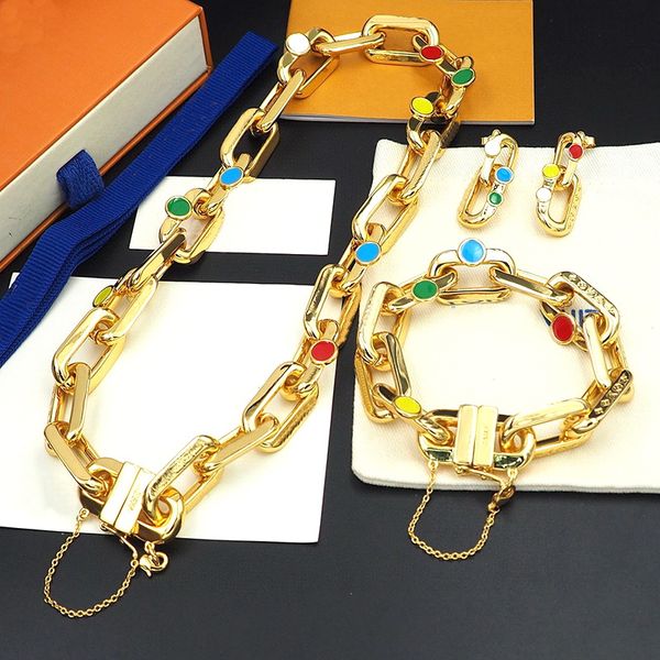 

europe america fashion necklace bracelet earrings men lady womens gold-color hardware engraved yk v edge painted dots chain jewelry m01065 m, Black