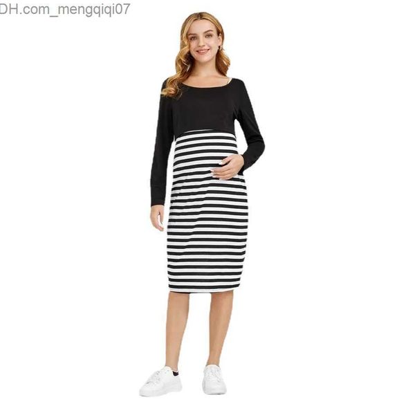

maternity dresses new spring winter pregnant women's pajamas long sleeve blue stripe dress sewn pregnant women's clothing z230728, White