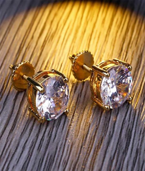 

360 round cz micro pave bling bling earrings 14k gold plated hip hop jewelry iced out stud earrings with safety screw back flat6146307, Golden;silver